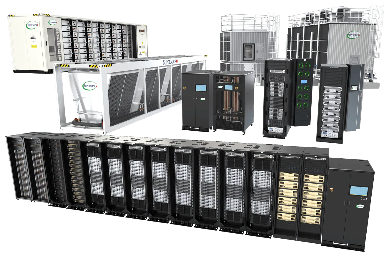Supermicro data center building blocks: racks, cooling towers, CDUs and power systems